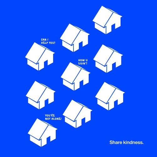 Ilustração de residências brancas com fundo azul.
